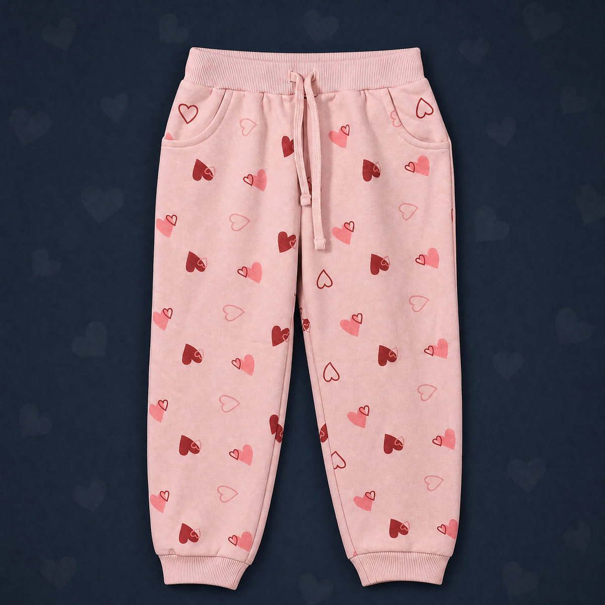Girls Winter Mini Hearts Printed Design Light Pink Jogger Pants / Mars Kids