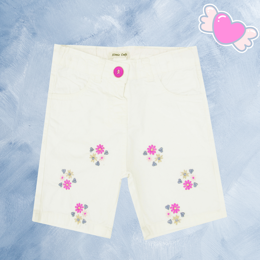 Minnie Craft / Girls Embroided Light Weight White Summer Jeans & Cotton shorts