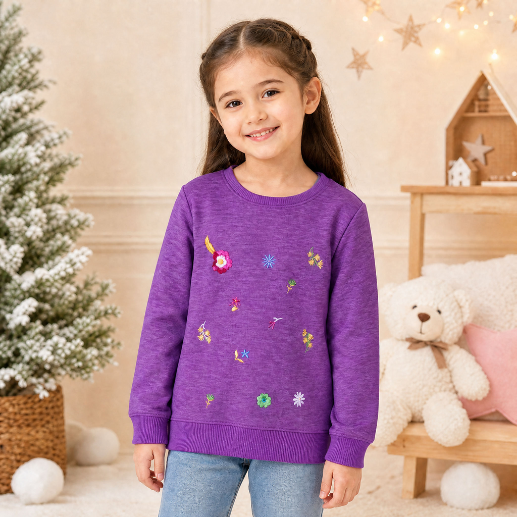 HopScotch-Kids / Girls Floral Embraided Design Soft Heathered Texture Purple Sweatshirt