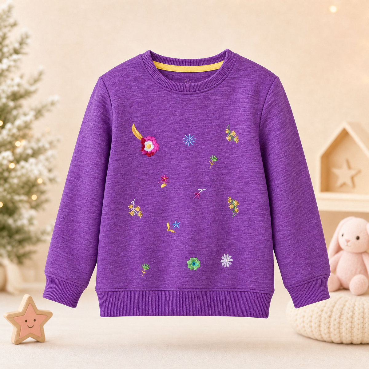 HopScotch-Kids / Girls Floral Embraided Design Soft Heathered Texture Purple Sweatshirt