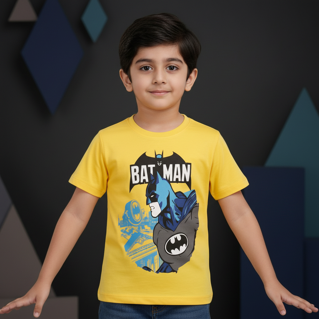 Minnie Craft / Boys 'BATMAN' Printed Design Soft Stretchable Organic Cotton Yellow T-Shirt