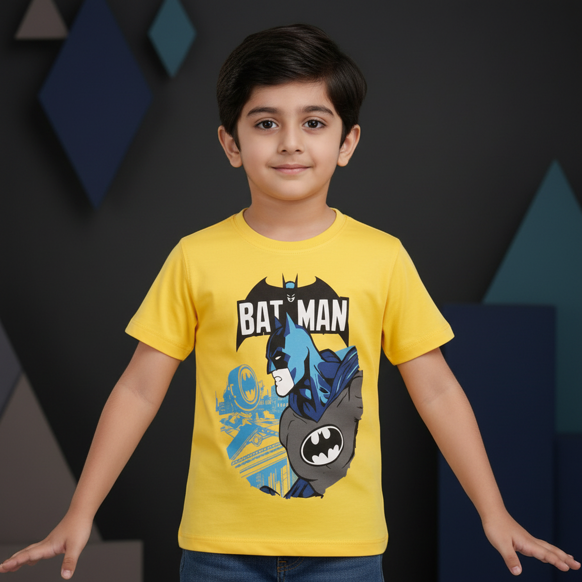 Minnie Craft / Boys 'BATMAN' Printed Design Soft Stretchable Organic Cotton Yellow T-Shirt