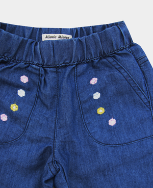 Minnie Minors / Girls Capri bottom wear / Pure light-weight Denim blue embroided design