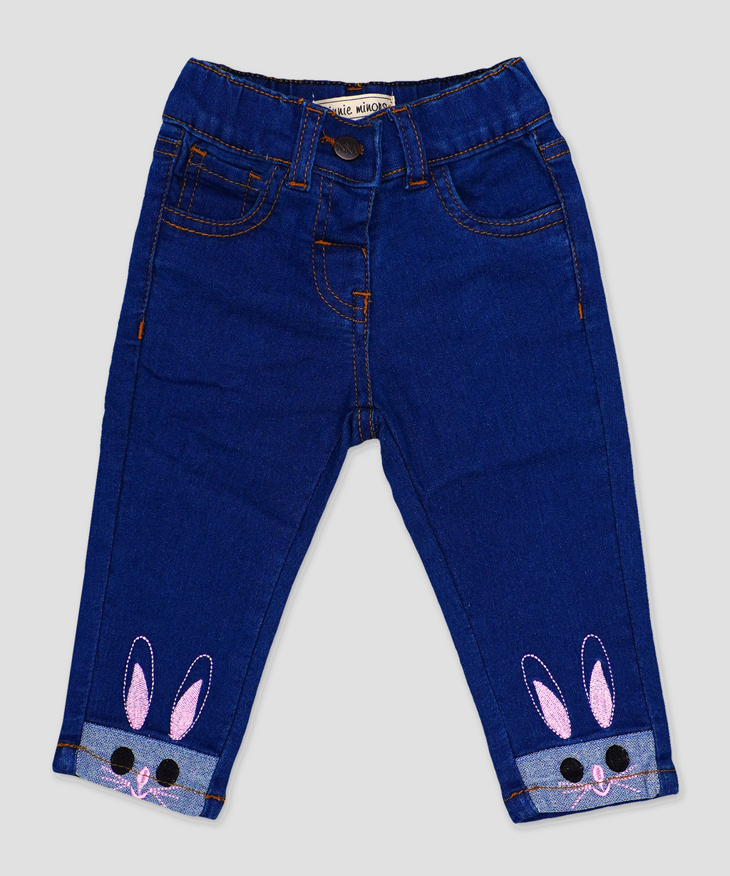 Minnie Minors / Girls Jeans Bottom Embroided bunny design  dark blue pant