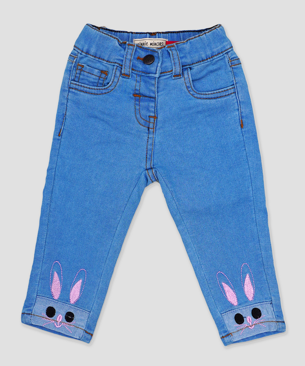 Minnie Minors / Girls Jeans Bottom Embroided bunny design light blue pant