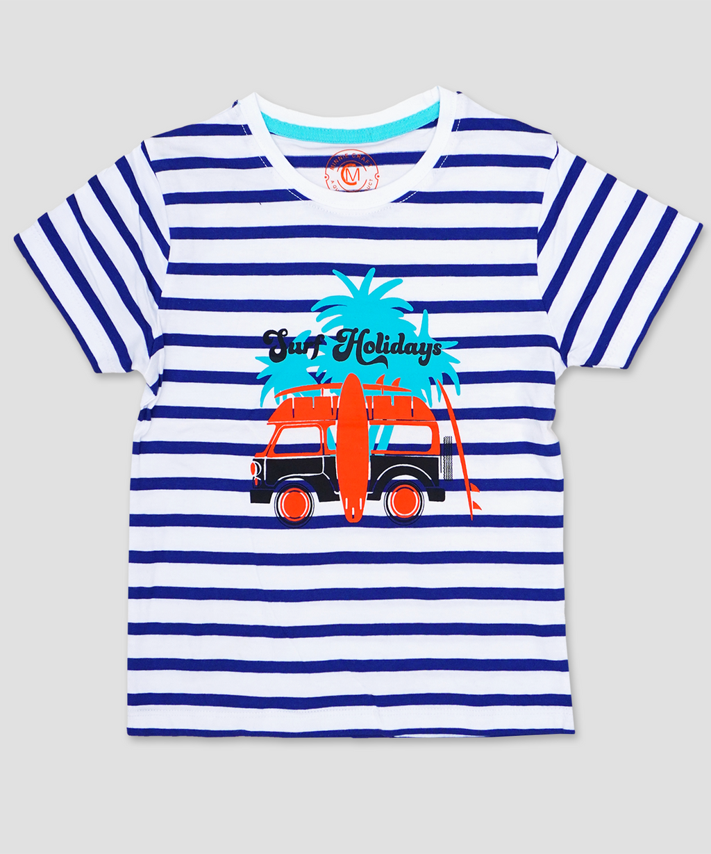 Minnie Craft / white & Blue stripes Surf Holidays design Cotton T-Shirt