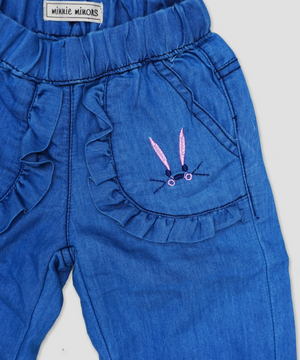 Minnie Minors / Girls Capri bottom wear / blue embroided bunny design