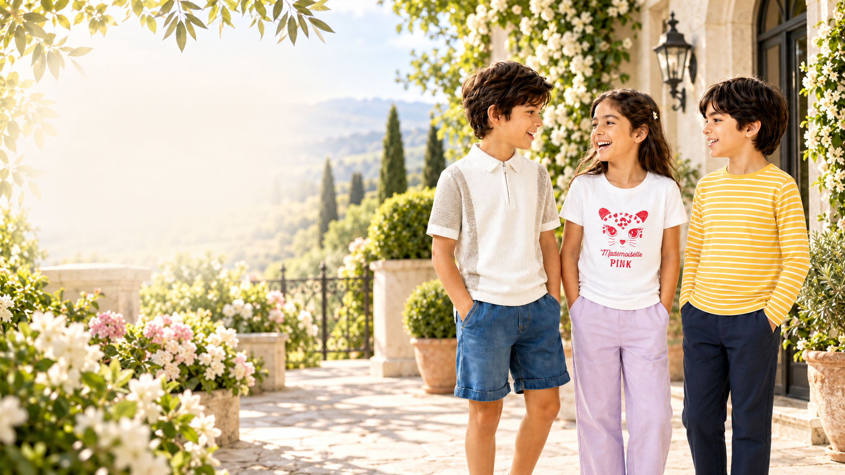 Three children wearing DOWNTOWN Clothing original brands outdoors